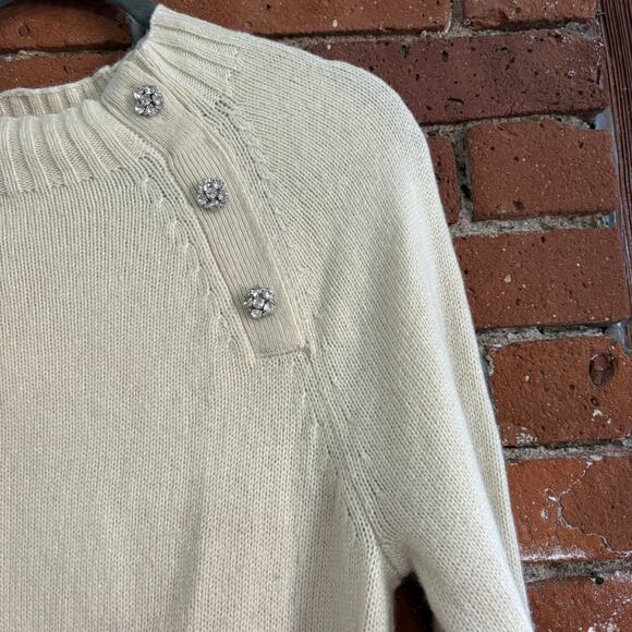 J. Crew Crewneck Sweater with Jeweled Buttons in Natural Ivory Sz M Lambswool - Picture 6 of 9